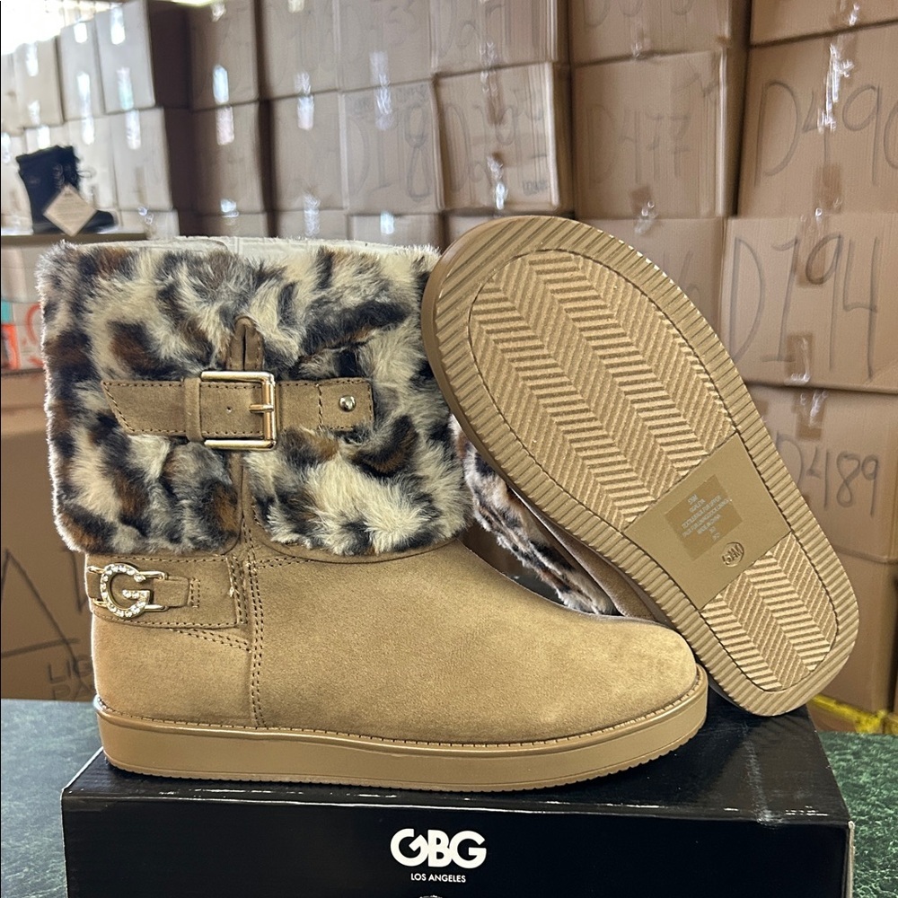 GBG Los Angeles Tan Boot with Leopard Faux-Fur Cuff